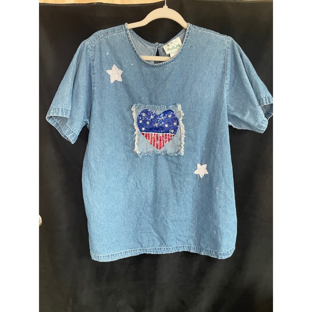 Quacker Factory Denim Top L Blue Sequin‎ Heart American Flag Stars Patriotic